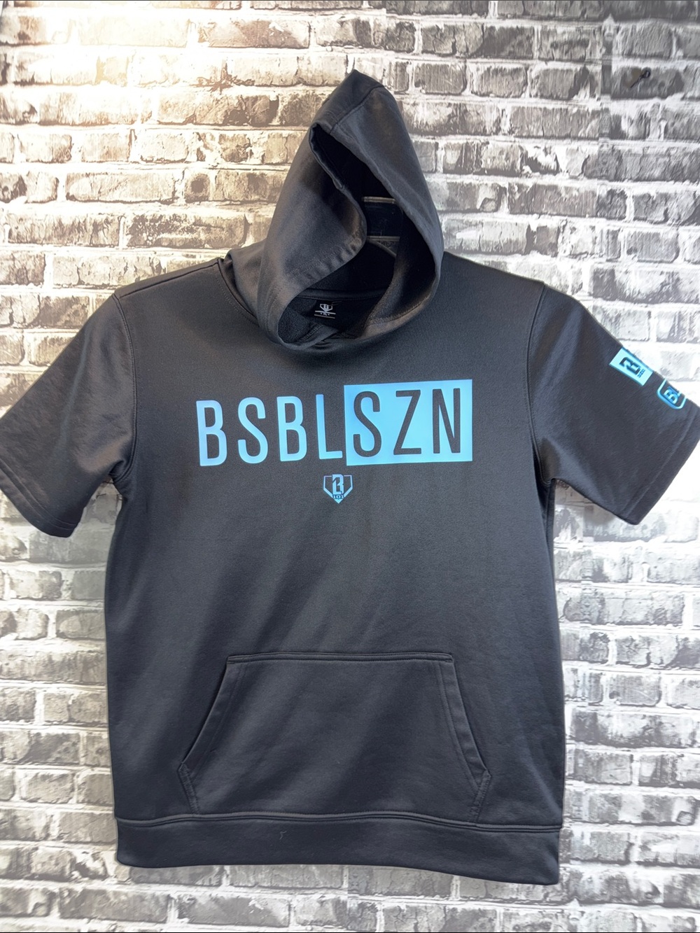 BSBL SZN Boys' Black Short-Sleeve Hoodie with Blue Logo